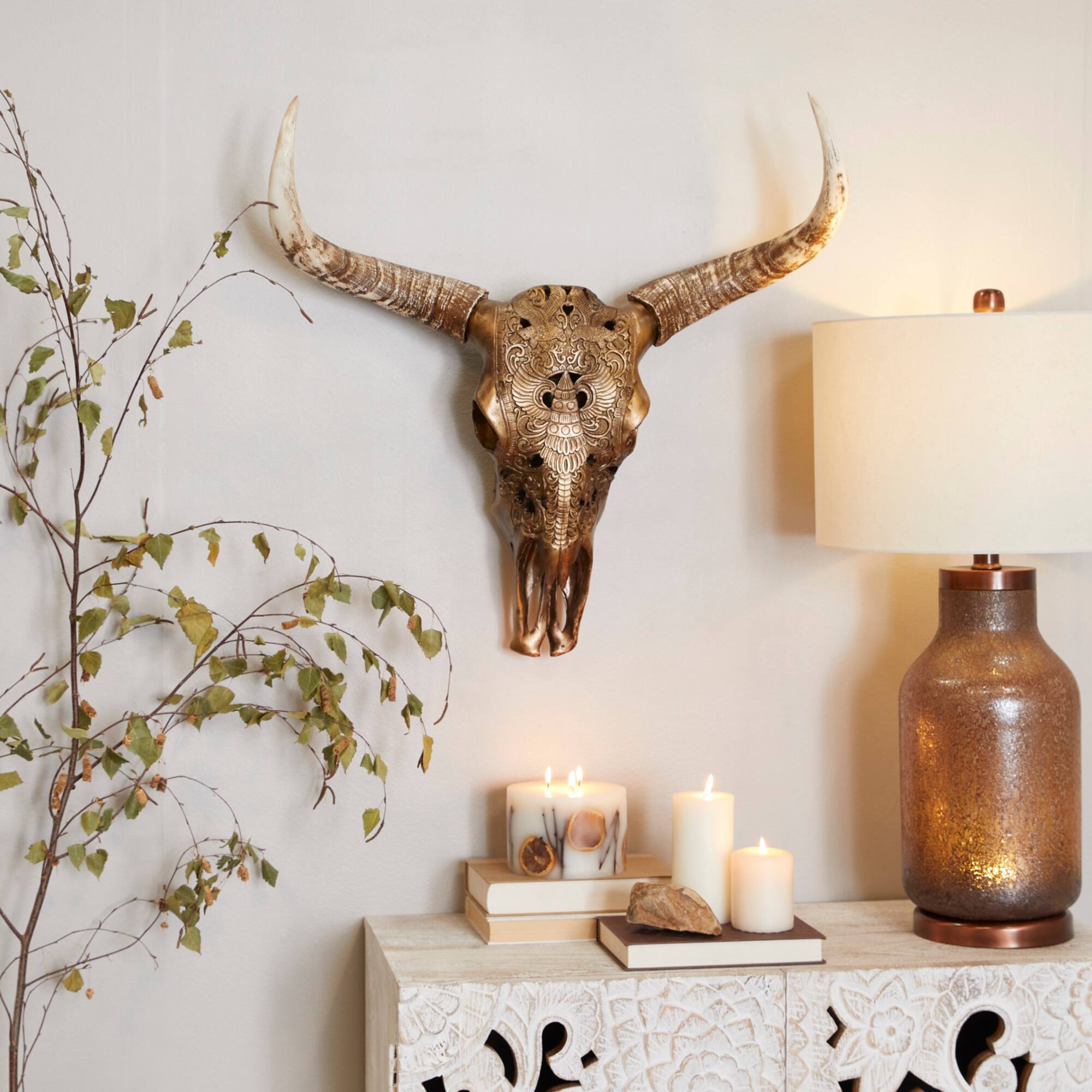 Bronze Polystone Carved Skull Cow Wall Decor 28" x 7" x 30"